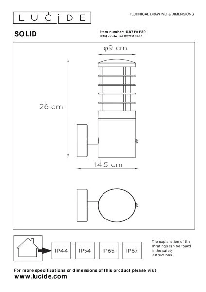 Lucide SOLID - Wandlamp Buiten - Ø 9 cm - 1xE27 - IP54 - Antraciet - technisch